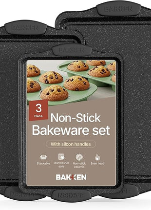 BAKKEN Cookie Sheets for Baking Nonstick Set - 3-Piece Stackable Carbon Steel Baking Sheet Pans Set with Silicone Handles, Non Toxic Cookie Sheets for Baking Bakeware Set - Gray Marble
