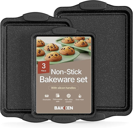 BAKKEN Cookie Sheets for Baking Nonstick Set - 3-Piece Stackable Carbon Steel Baking Sheet Pans Set with Silicone Handles, Non Toxic Cookie Sheets for Baking Bakeware Set - Gray Marble