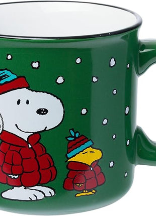 Silver Buffalo Peanuts Christmas Snoopy and Woodstock Puffer Jacket in Snow Ceramic Camper Mug, 20 ounces