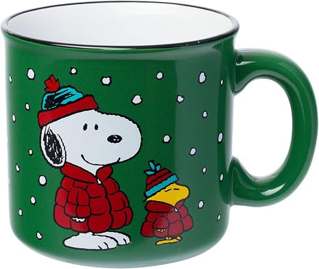 Silver Buffalo Peanuts Christmas Snoopy and Woodstock Puffer Jacket in Snow Ceramic Camper Mug, 20 ounces