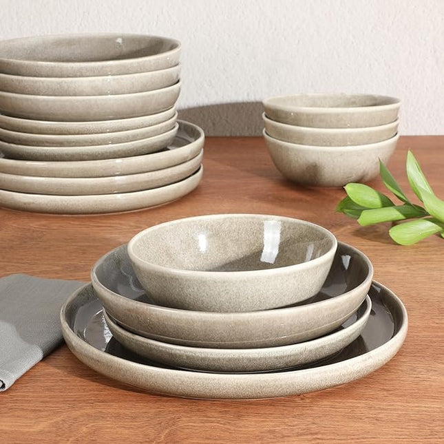 Gibson Elite Berea 16 Piece (Service for 4) Plates and Bowls Reactive Glaze Round Dishes Stoneware Ceramic Dinnerware Set -Taupe