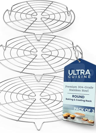 Ultra Cuisine 3 Set Round Cooling Racks for Cooking and Baking – Oven & Dishwasher-Safe, 100% Stainless Steel Steaming and Baking Rack - Fits Air Fryer, Pressure Cooker & Cake Pan (7.5, 9 & 10.5 Inch)