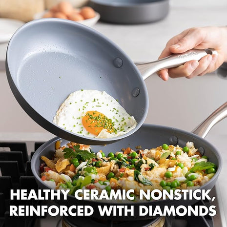 GreenPan Lima Hard Anodized 8" 10" & 12" Frying Pan Skillet Set, Ceramic Nonstick, PFAS-Free Nontoxic Pots & Pans, Oven & Broiler Safe, Stainless Steel Handles, Cookware for Eggs & Omelet, Gray