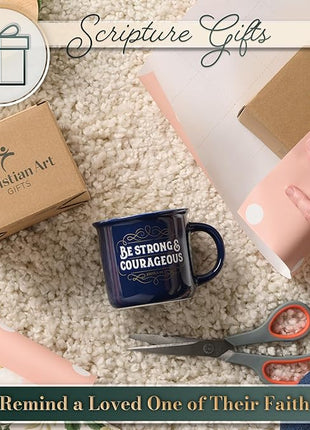 Christian Art Gifts Inspirational Ceramic Coffee & Tea Scripture Mug for Men & Women: Strong & Courageous Bible Verse, Microwave & Dishwasher Safe Non-toxic Beverage Cup, Dark Navy Blue/White, 13 oz.
