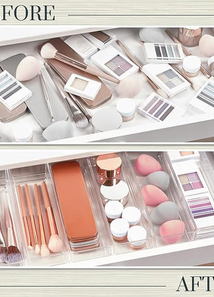 STORi SimpleSort 6-Piece Stackable Clear Drawer Organizer Set | 9" x 3" x 2" Rectangle Trays | Narrow Makeup Vanity Storage Bins and Office Desk Drawer Dividers | Made in USA