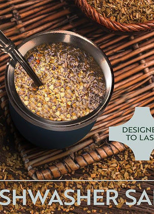 Norte Yerba Mate Cup Kit, 8-Ounces Traditional Mate Tea Cup/Gourd Set | Includes 2 Bombillas (Yerba Mate Straw) & Cleaning Brush, Stainless Steel Cup, Double-Walled, Easy to Clean | Blue