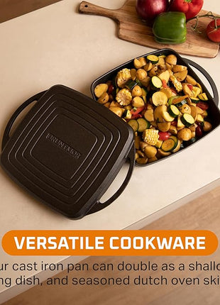 Bruntmor 2-in-1 Pre-Seasoned Cast Iron Dutch Oven with Grill Pan Lid and Handles - 11 Inch Non Stick Square Cast Iron Skillets for Braising, Grilling, and Frying - Heat-Resistant to Oven and Stovetop