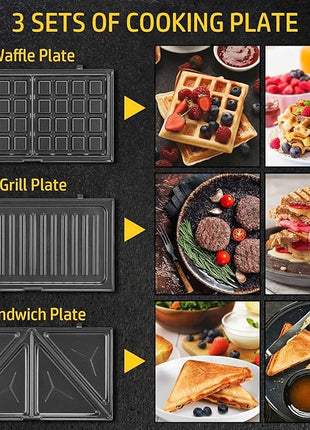 OSTBA 3 in 1 Sandwich Maker Panini Press Waffle Iron Set with 3 Removable Non-Stick Plates, 750 W Toaster Perfect for Sandwiches Grilled Cheese Steak, Black