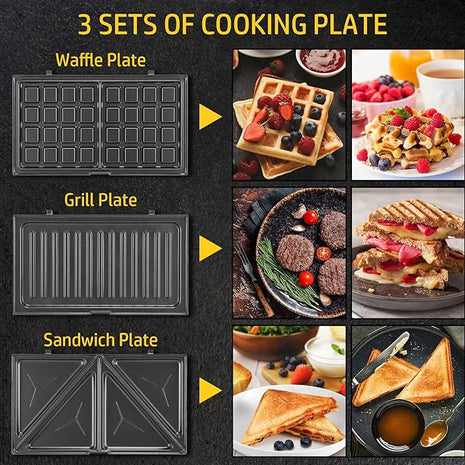 OSTBA 3 in 1 Sandwich Maker Panini Press Waffle Iron Set with 3 Removable Non-Stick Plates, 750 W Toaster Perfect for Sandwiches Grilled Cheese Steak, Black