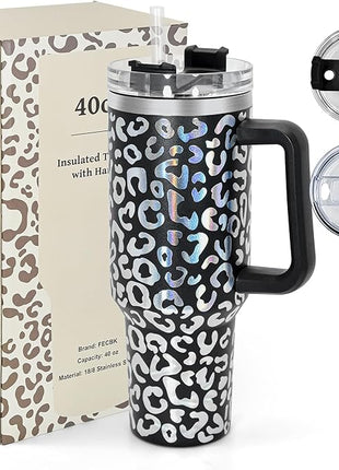 40 oz Tumbler with Handle and Straw, 100% Leak-Proof Travel Mug, Stainless Steel Double Wall Vacuum Insulated Coffee Cup Keeps Cold For 34 Hours, Dishwasher Safe, Black Leopard