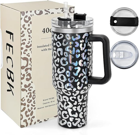 40 oz Tumbler with Handle and Straw, 100% Leak-Proof Travel Mug, Stainless Steel Double Wall Vacuum Insulated Coffee Cup Keeps Cold For 34 Hours, Dishwasher Safe, Black Leopard