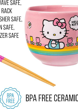 Silver Buffalo Hello Kitty Spring and Summer Flowers Rainbow Stripes Ceramic Ramen Noodle Rice Bowl with Chopsticks, Microwave Safe, 20 Ounces