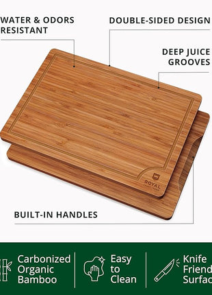 ROYAL CRAFT WOOD Wooden Cutting Boards for Kitchen Meal Prep & Serving - Bamboo Wood Serving Board Set with Deep Juice Groove Side Handles - Charcuterie & Chopping Butcher Block for Meat (3 Pcs)