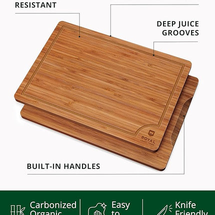 ROYAL CRAFT WOOD Wooden Cutting Boards for Kitchen Meal Prep & Serving - Bamboo Wood Serving Board Set with Deep Juice Groove Side Handles - Charcuterie & Chopping Butcher Block for Meat (3 Pcs)