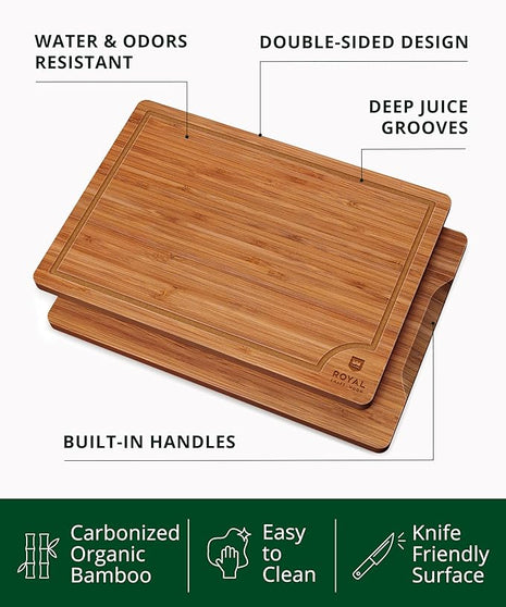 ROYAL CRAFT WOOD Wooden Cutting Boards for Kitchen Meal Prep & Serving - Bamboo Wood Serving Board Set with Deep Juice Groove Side Handles - Charcuterie & Chopping Butcher Block for Meat (3 Pcs)