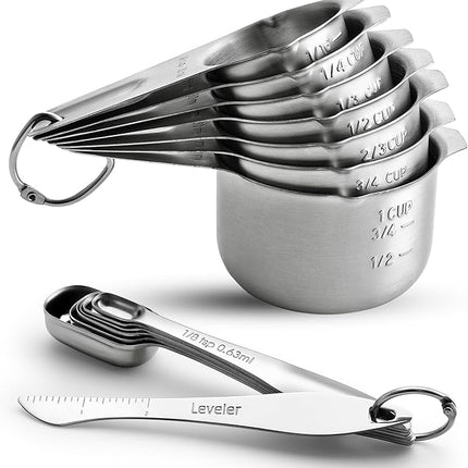 Spring Chef Stainless Steel Measuring Cups and Spoons Set of 14 with Leveler, Nesting Kitchen Metal Measuring Cups and Spoons Set for Dry and Liquid Ingredients, Perfect for Cooking & Baking