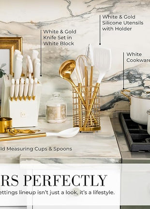 Styled Settings White and Gold Cooking Utensils Set with Holder - 15-Piece Silicone Cooking Tools with Utensil Holder, Measuring Cups, and Spoons - Elegant White and Gold Kitchen Accessories