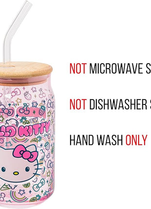Silver Buffalo Sanrio Hello Kitty Neon Fruits Rainbows and Hearts Pattern Glass Jar Tumbler with Bamboo Lid and Glass Straw, 16 Ounces