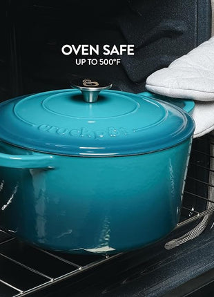 Crock Pot Artisan 6-Quart Round European Enameled Cast Iron Dutch Oven Pot With Lid -Teal Ombre