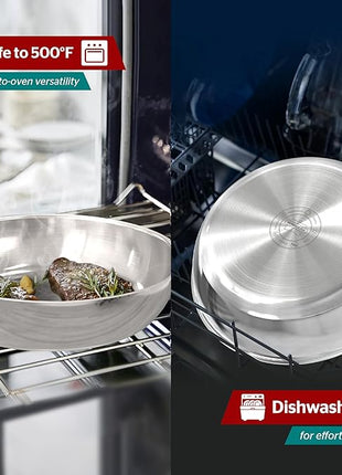 SUNHOUSE – 9.5 Inch / 24 cm Stainless Steel Frying Pan, Tri-Ply Stainless Steel Construction, PFOA-FREE, Stay-Cool Handle, Induction Compatible with All Cooktops, Dishwasher Safe