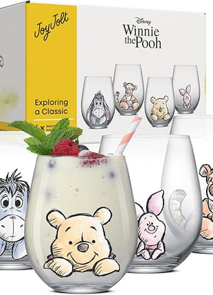 JoyJolt Disney Winnie the Pooh Exploring a Classic Stemless Drinking Glasses, 19oz Glass Cups ft Pooh Bear Tigger Piglet Eeyore, Kitchen Glassware Set of 4, Winnie the Pooh Adult Gifts