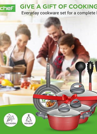 NutriChef 12-Piece Nonstick Kitchen Cookware Set-PTFE/PFOA/PFOS-Free Heat Resistant Lacquer Kitchen Ware Pots Pan Set Dark Gray/Red- Saucepot, Pans, Cooking Pot Oven Pot, Lid, Utensil - NCCW12RED
