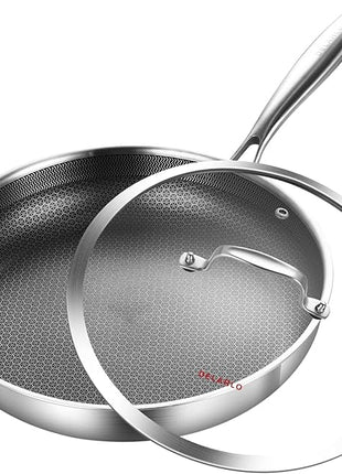 DELARLO Whole body Tri-Ply Stainless Steel Hybrid 12 inch Frying Pan With Lid Nonstick, Oven safe induction skillet,Suitable for All Stove (Detachable Handle)