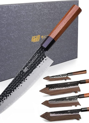 FINDKING Chefs Knives Set and Edge Guards, High Carbon Steel Kitchen Knives, Walnut Knife Holders, for Home Kitchen, Meat, Fruits, Vegetables, Dynasty Series, 8PCS