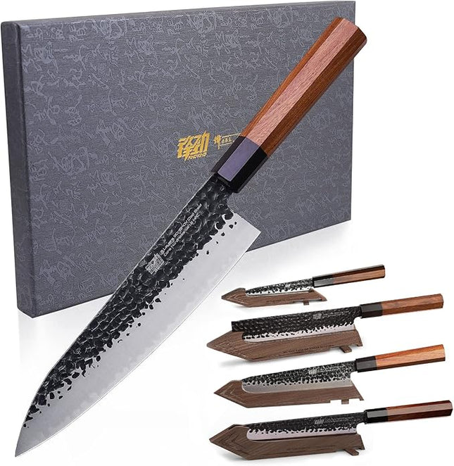 FINDKING Chefs Knives Set and Edge Guards, High Carbon Steel Kitchen Knives, Walnut Knife Holders, for Home Kitchen, Meat, Fruits, Vegetables, Dynasty Series, 8PCS