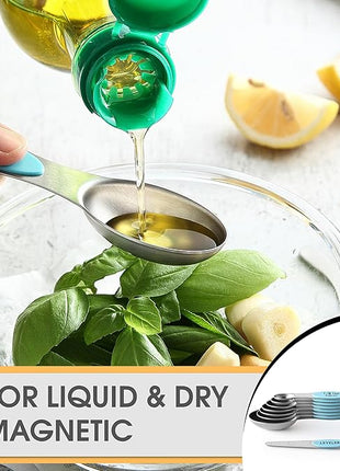 Spring Chef Stainless Steel Magnetic Measuring Spoons Set of 8 with Leveler, Nesting Metal Teaspoon & Tablespoon Measuring Spoons, Fits in Spice Jars, Kitchen Gadgets for Baking & Cooking - Aqua Sky