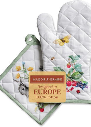 Maison d' Hermine 100% Cotton Oven Mitt & Pot Holder Set (7.5"x13" & 8"x8") Heat Resistant BBQ Cooking Gloves with Loop, Baking, Grilling, Kitchen, Handling Hot Pans Spring/Summer (Printemps)
