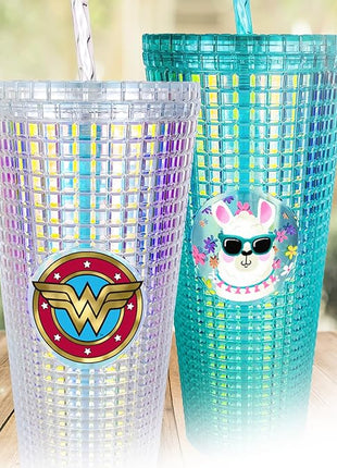 Spoontiques DC Comics Diamond Tumbler, 20oz - Textured Cup w/Staw, Double Wall Insulated, BPA Free - Wonder Woman