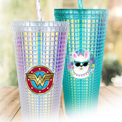 Spoontiques DC Comics Diamond Tumbler, 20oz - Textured Cup w/Staw, Double Wall Insulated, BPA Free - Wonder Woman