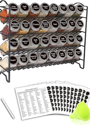SWOMMOLY Spice Rack Organizer with 32 Glass Spice Jars, 396 Spice Labels, Chalk Marker and Funnel Complete Set, for Cabinet, Countertop, Cupboard or Wall Mount, Black