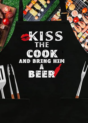 Grilling Apron - KISS THE COOK AND BRING HIM A BEER - Funny BBQ Aprons for Men Women Chef, Adjustable Kitchen Bib Apron with 2 Pockets and 40" Long Ties, Perfect for Cooking, Baking - Black
