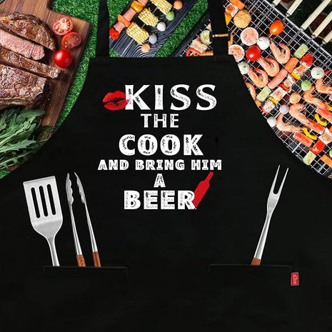 Grilling Apron - KISS THE COOK AND BRING HIM A BEER - Funny BBQ Aprons for Men Women Chef, Adjustable Kitchen Bib Apron with 2 Pockets and 40" Long Ties, Perfect for Cooking, Baking - Black