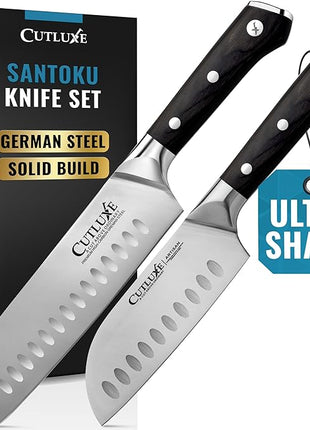 Cutluxe Santoku Knife Set – 7" Chopping Knife and 5" Vegetable Knife – Multipurpose Kitchen Knives – High Carbon German Steel, Full Tang & Ergonomic Handle Design – Artisan Series