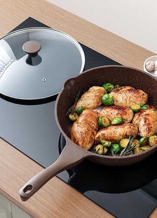 SENSARTE Nonstick Deep Frying Pan Skillet, 12-inch Saute Pan with Lid, Stay-Cool Handle, Healthy Cookware Cooking Pan with Cover, Induction Compatible (Toffee Brown)