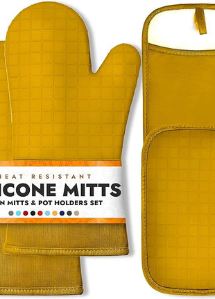 HOMWE Silicone Oven Mitts and Pot Holders for Kitchen & Baking - Set of 4 Heat-Resistant, Heavy-Duty Cooking Mittens w/Non-Slip, Textured Grip