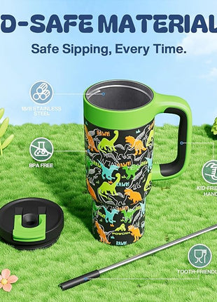24 oz Kids Tumbler with Straw for Boys: Leakproof, Cold for 26 Hrs, Hot for 10 Hrs, Durable Handle, Insulated Stainless Steel Cup for Daycare, School, Classroom, Playtime, Birthday, Gift (Dino Rawr）