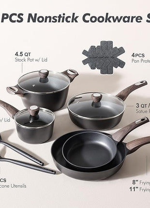 SENSARTE Pots and Pans Set Non stick, Non toxic Healthy Induction Cookware Sets, 14 Pcs Non Stick Kitchen Cooking Set with Frying Pans Set & Saucepan, PFOA PFOS APEO Free, Black