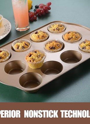 Nonstick Muffin & Cupcake Pan Set (2 Pack) - 12 Cup Regular + 24 Cup Mini Muffin Tins | Heavy Duty Gold Carbon Steel, Rust-Resistant, Easy Release