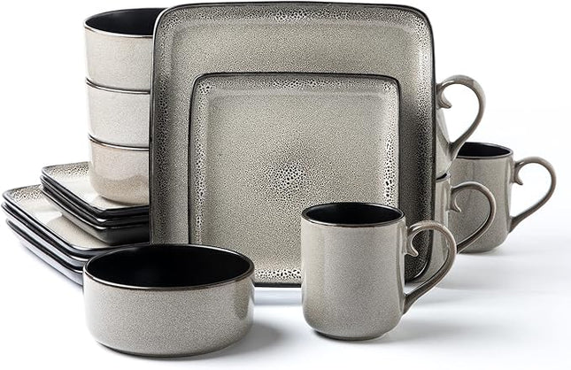 FLACKAR Square Stoneware 16pc Dinnerware Set for 4, Dinner Plates, Side Plates, Cereal Bowls, Mugs - Reactive Glaze Grey (477653)