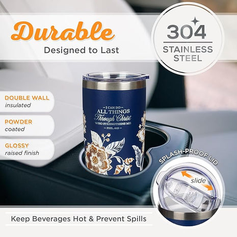 Christian Art Gifts Stainless Steel Scripture Tumbler Travel Mug for Women: All Things Through Christ Inspirational Bible Verse, Double-wall Vacuum Insulated w/Lid Hot/Cold, Navy Blue Floral, 18oz.