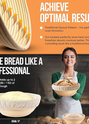 Complete Sourdough Starter Kit and Sourdough Bread Baking Supplies - Includes 9" Banneton Proofing Basket, 34oz Sourdough Starter Jar, Silicone Bread Sling, Scrapers, Bread Lame and Measuring Spoons