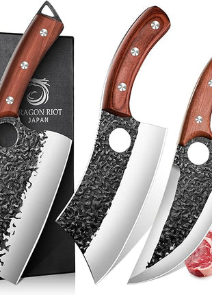 DRAGON RIOT Professional Butcher Knife Set for Meat Processing, 3Pcs High Carbon Steel Hand Forged Serbian Cleaver Chef Knife Set with Ergonomic Handles for Kitchen Outdoor Cooking