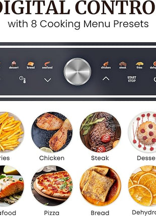 Elite Gourmet EAF2411G Digital Indoor Grill/Air Fryer Oven, 11L Capacity, Grill Rack, 8 Presets, Bake, Roast, Broil, Dehydrate, 1700-Watts, 25 Delicious Recipes, Stainless-Steel/Black