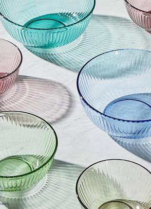 Pyrex Colors Tinted (3-Pack, Full Set) Sculpted Tinted Glass Mixing Bowls With Lids, Nesting Space Saving Set of Bowls For Prepping and Baking, 1.3QT, 2.3QT & 4.5Q, Blue