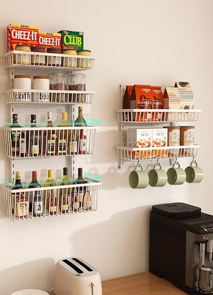 White 9-Tier Over The Door Pantry Organizer, Pantry Organization and Storage, Deep Baskets Hanging Heavy-Duty Metal, Wall Spice Rack Seasoning Shelves for Home & Kitchen, Laundry Room Bathroom