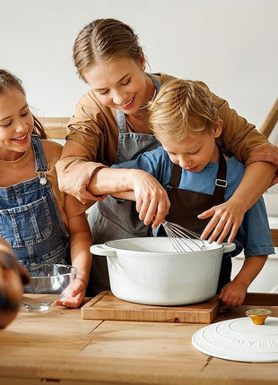 Overmont Enameled Cast Iron Dutch Oven - 5.5QT Pot with Lid Cookbook & Cotton Potholders - Heavy-Duty Cookware for Braising, Stews, Roasting, Bread Baking Pearl White